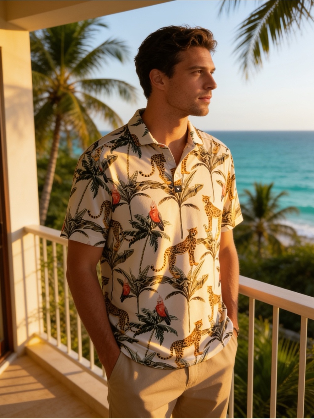 Bad Birdie Men’s Large Golf Polo-Cheetah Parrot Palm Tropical Performance Shirt